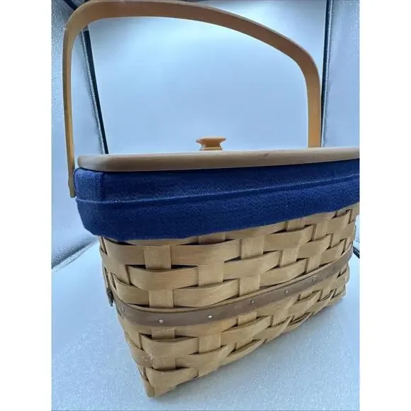 Longaberger 2003 Hostess Two Pie Basket, Wood Riser & Blue Fabric Liner12x12x8